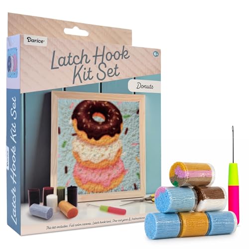 Darice Latch Hook Rug Kit Donuts Design DIY Latch Hook Kit for Kids & Adults Color Canvas PreCut Yarn & Hook Tool Craft Activity & Gift for Kids