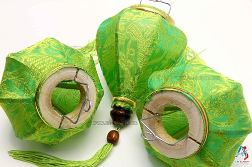 Set mit 5 kleinen asiatischen Laternen aus Seide, grün, M, Durchmesser 10,5 cm – traditioneller Hoi an Lampion aus Stoff, Bambus und Holz – Dekoration und Handwerk aus Vietnam (S56-8493) – Bild 4