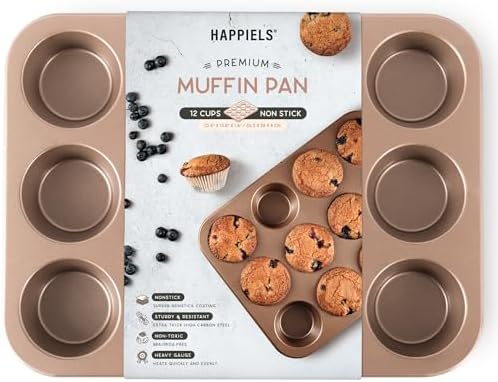 HAPPIELS Non Toxic Nonstick 12 Cup Muffin Pan | PFOA BPA free Nontoxic Cupcake Tin | Best Non Stick Muffin Pans | Muffin tins | Cupcakes Tray | Carbon Steel Bakeware Mold Trays - Thumbnail 2