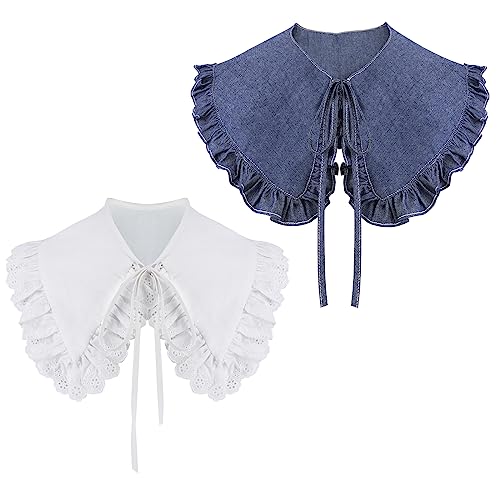 XEPST 2 Piezas Cuello Falso Desmontable, Cuellos Falsos Mujer Camisas Cuello de Blusa Cuello Camisa Falsos Mujer Dickey Cuellos Desmontables para Mujeres Niñas Favores Decorativos, Mezclilla+Volante