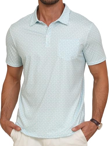 Lexiart Mens Golf Shirt Short Sleeve Slim Fit Quick-Dry Moisture Wicking Performance Print Patterns Polo with Pocket, Sky Blue, X-Large