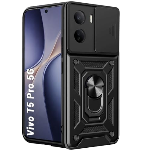 Image of TheGiftKart Tough Armor Bumper Back Cover Case for Vivo T5 Pro 5G | Kickstand & Ring Holder | 360 Degree Protection Back Cover Case for Vivo T5 Pro 5G (PC & TPU, Sliding Camera Cover, Black)