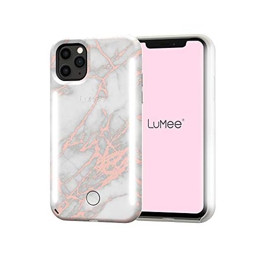 LuMee Duo by Case-Mate - Dual Light Up Selfie Case for iPhone 11 Pro - Front & Rear Illumination - Metallic Marble - 5.8 inch - White Rose Gold