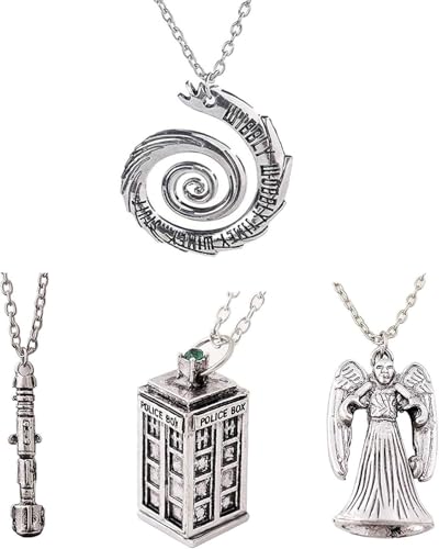 4 Pack Different Necklace Wibbly Wobbly Timey Wimey Pendant 11th Doctor Sonic Screwdriver Pewter Finish Pendant Necklace Inspired 3D Police Box Chain
