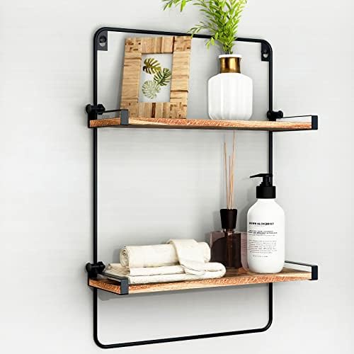Oxendon Black Floating Shelves for Wall Decor, Rustic Wood Modern Bathroom Shelf Wall Mounted Hanging Shelf with Metal Bracket Storage Shelves for Bedroom Living Room Kitchen Office, 2 Tier