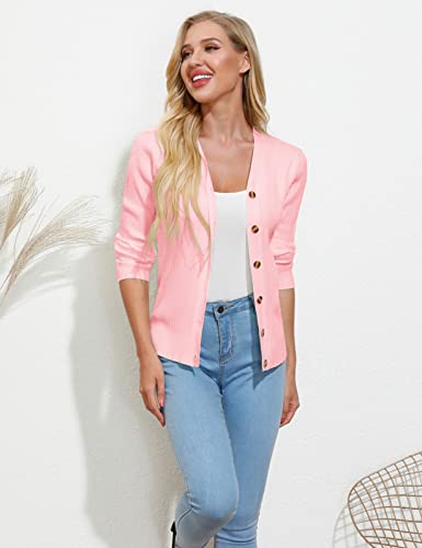 V Neck Cardigan Stretchy Outwear Button Down Highly Elastic Sweaters For Women (L,Rib-Pink) #TOP4