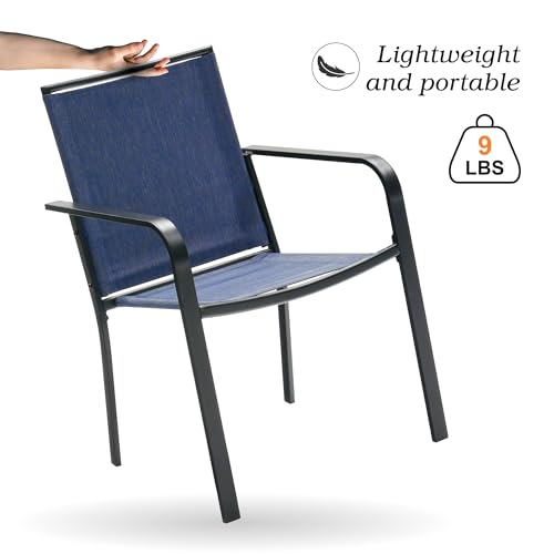 Image of Anmutig 3-Piece Outdoor Dining Set, Small Metal Bistro Table with 2 Stackable Sling Chairs, 27.5 x 27.5 Inch Round Table, Blue Fabric