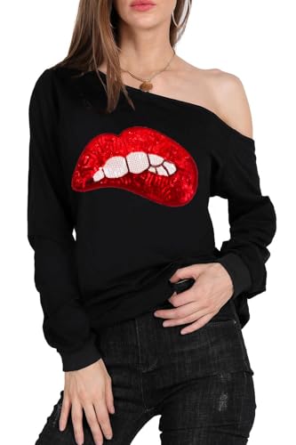 Image of MAGICMK Woman's Sweatershirt Lips Print Causal Blouse Off The Shoulder Long Sleeve Loose Slouchy Pullover Plus Size Tops