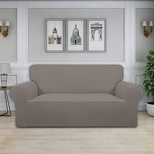 Image of Easy-Going Stretch Oversized Loveseat Slipcover 1-Piece Sofa Cover Furniture Protector Couch Soft with Elastic Bottom for Kids Polyester Spandex Jacquard Fabric Small Checks Taupe