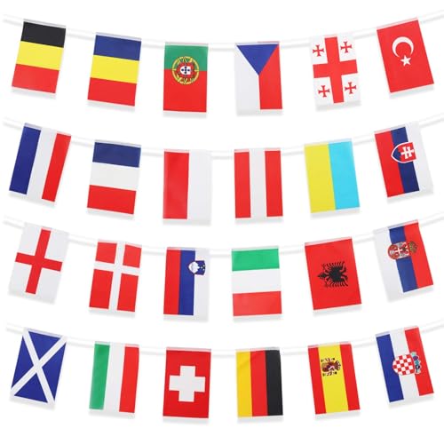 Funtery Cadena de banderas de fútbol EM 2024, banderines de la EM para Euro Fútbol 2024, 24 países, cadena de banderines, banderines EM decoración, 21 x 14 cm - 8,5 m