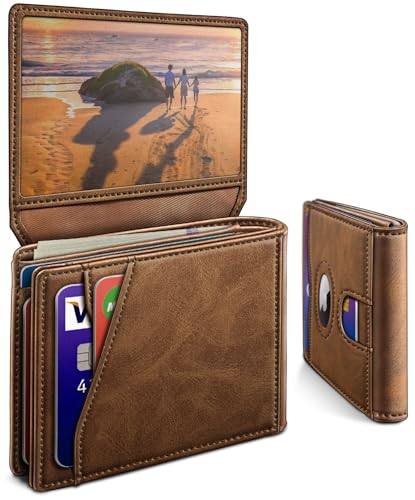 Image of miyozi AirTag Wallet for Men, Slim Leather Bifold with Holder Slot, 2 ID Windows & 13 Card Slots, RFID Blocking Front Pocket Wallet with Gift Box