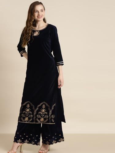 Image of Women's Velvet Hem Zari Embroidered Kurta