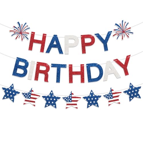 Happy Birthday Banner Patriotic Red White Blue Decorations Glitter Happy Patriotic Birthday Decorations Party Banner Garland for Independence Day Fourth of July Birthdays Celebration Decor Indoor Outdoor