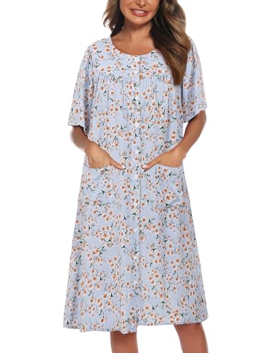 Image of COSUNIONY House Dresses for Women Cotton Short Sleeve House Coat Buttons Down Dusters Robe with Pockets S-XXL