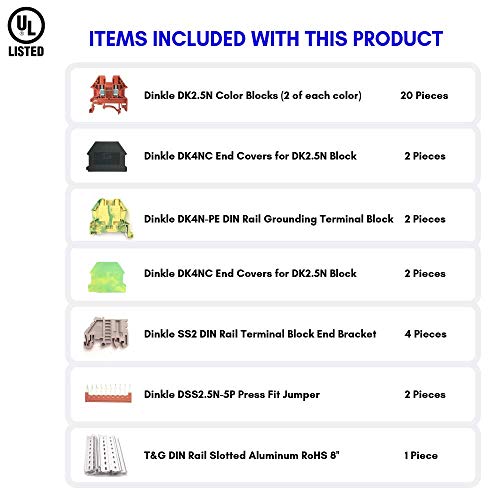 Dinkle Every Color DIN Rail Terminal Block Kit 20 DK2.5N 12 AWG Gauge 20A 600V Ground DK4N-PE Jumper DSS2.5N-10P End Covers End Brackets