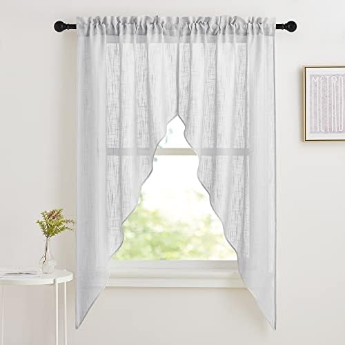 RYB HOME Half Window Swag Curtains, Linen Texture Wave Fabric Semi Sheer Valance for Light Filtering Country Curtains Privacy Room Decor, 36 x 63 inches Long, 2 Panels, Dove Grey
