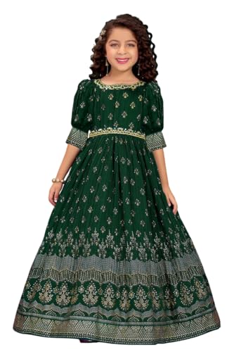 White Button Girls Golden Foil Print Gown | Elegant Ethnic Dress