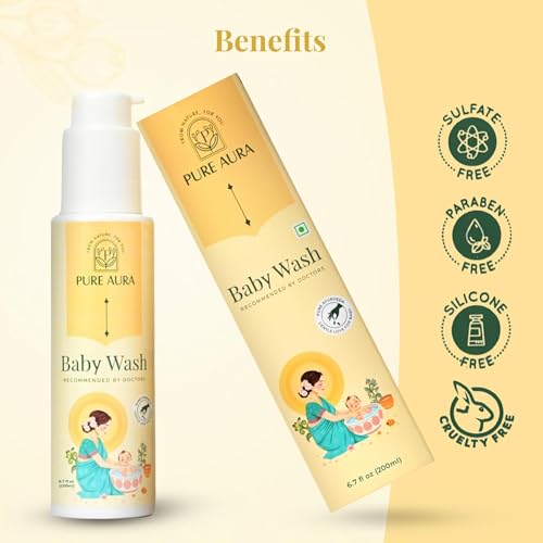 Image of Pure Aura Baby Body Wash, 200 ml (Pack of 1) | Gentle Tear-Free Formula with 12 Ayurvedic Herbs | Natural Hydration | Vegan & Cruelty-Free | Safe for Newborns & Kids