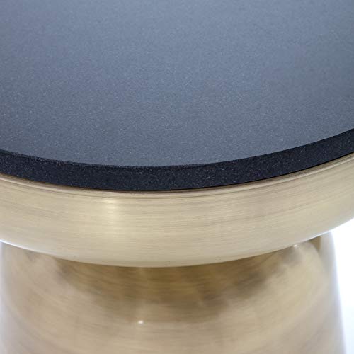 Finch Adler Brass Metal Side Small Round Accent End Drum Table For Living Room Or Bedroom Fully Assembled Solid Granite Top, Black/Gold #TOP3
