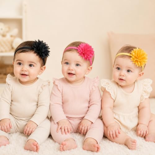 Image of Babymoon Set of 3 | Plain Flowers Soft Synthetic Hairbands for Baby Girls, Infants and Toddlers Headbands | Black-Yellow-Darkpink