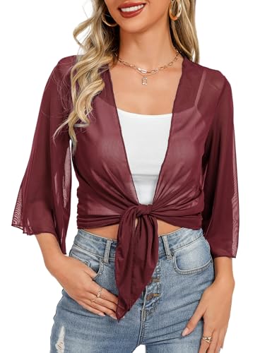 Image of Totatuit Women's Short Cardigan Bolero Sheer Shrug Tie Open Front Bell Sleeve Summer Cropped Bolero Cardigan