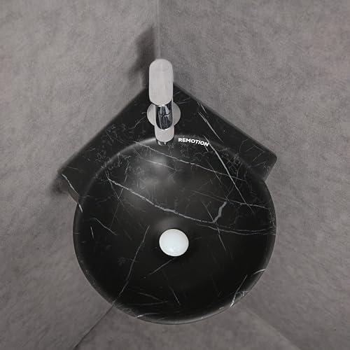 Image of REMOTION Wall Mounted Wash Basin for Bathroom | Wall Hung Corner Sink | Ceramic Round Wall Hung Wash Basin | Wall Hung Small Corner Basin (16.3 x 13.8 x 4.3 Inch) (Black White Stripe)