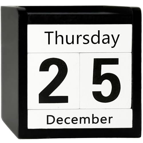 Black Perpetual Calendar Wooden Block Desk Decor Calendar - Black and White Office Desktop Accessories for Men Modern Farmhouse Teacher Classroom - Reusable & Aesthetic