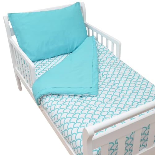 Image of American Baby Company 100% Cotton Percale 4 Piece Toddler Bedding Set, Aqua Waves, for Boys & Girls