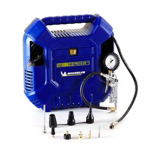 MICHELIN MB1 Compresseur d'Air Portable, Compresseur d'Air Sans Huile avec Tuyau de 1 m, Pistolet de Gonflage avec Manomètre et 6 Buses, Pression Max. 8 Bar, Puissance 1.5 CV