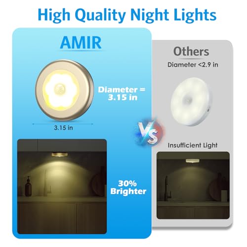 Image of AMIR 3.15 inch Motion Sensor Light, 6 Pack Cordless Battery-Powered LED Night Light, Stick-Anywhere Closet Lights Stair Lights, Safe Lights for Hallway, Bathroom, Bedroom, Kitchen (Golden - Warm White)