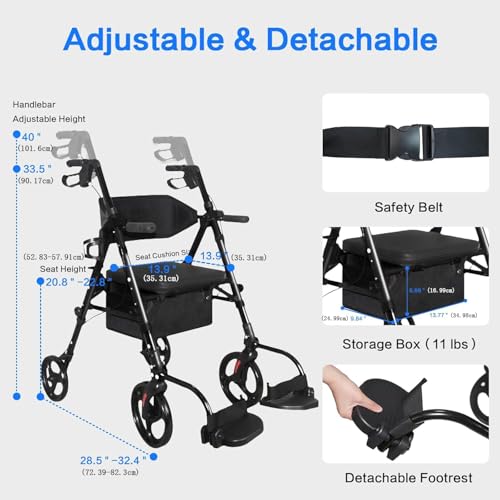 Image of 2-in-1 Lightweight Rollator Walker with Seat and Extra Wide Backrest, Foldable Rolling Walker with All-Terrain 10-inch Front and 8-inch Rear Wheels for Seniors, Supports up to 300 lbs