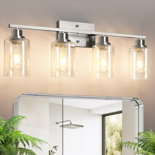 Image of Ascher Bathroom Light Fixtures, 4-Light Vanity Light Over Mirror, Brushed Nickel Wall Sconces with Clear Glass Shades, Wall Lamp for Living Room Bedroom, E26 Base(Bulbs Not Included)