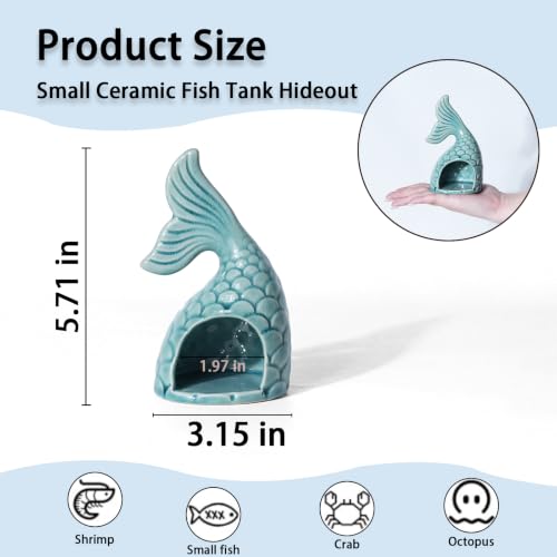 Image of Blue Aquarium Decor Ceramic Mermaid Tail Betta Fish Tank Cave