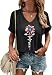 Women's Sunflower America Patriotic V Neck Shirt 4th of July Funny USA Flag Graphic Short Sleeve Summer Tee(M,Black-Sunflower)