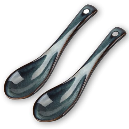 2 PCS Cuillères À Soupe Japonaises Bleues En Céramiqeue, Cuillères À Soupe Japonaises Et Chinoises Rétro En Porcelaine, Cuillère À Soupe Chinoise En...