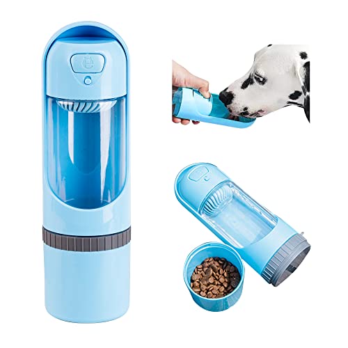 AWOOM Trinkflasche Hund, Multifunktionale Hunde Trinkflasche aus 300ml Wasserbecher und 100ml Futterbehälter Hundetrinkflasche mit Aktivkohlefilter, Trinkflasche Hunde für Unterwegs Reise Wandern Cover