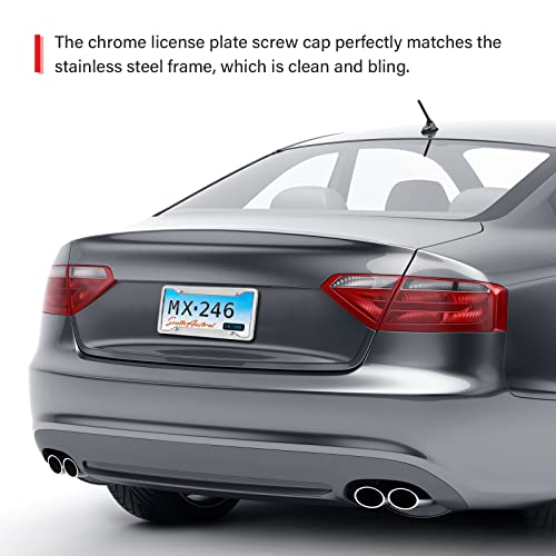 Red Wolf Stainless Steel License Plate Frame Holder 4 Holes Mirror Polish Silver Tag Cover Kit W/Chrome Screws Caps Nylon Insert Nut, Heavy Duty Rustproof Metal Front Rear Fit Car Truck Van Suv, 2Pcs #TOP4