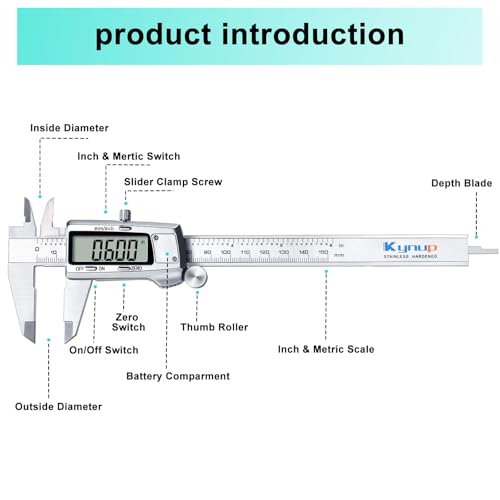 Kynup Messschieber Digital, 150 mm Schieblehre Digital Edelstahl, Elektronik Messschieber Messwerkzeuge, voll ausgeschaltet, LCD Display für Haushalt und Industrie Messung Messlehre