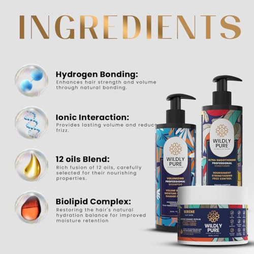 Image of WILDLY PURE Volumizing Care Kit with Shampoo, Conditioner & Mask | 30% Thicker Hair & 12-Hour Volume Boost | Enriched with 12 Oils, Plant Keratin & 40% Aloe Vera | Ideal for Thin, Wavy & Dull Hair | Sulphate & Paraben Free | Pack of 3