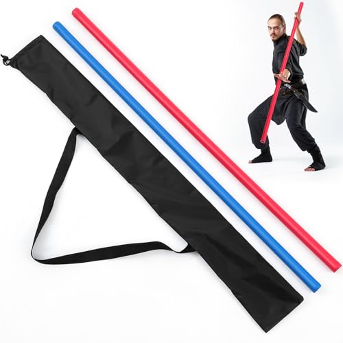 ShinyRelief 2 Pcs Foam Padded Sticks Martial Arts Training Stick, Foam Padded Practice Bar with Carrying Bag for Safe Practice Training Martial Arts and Karate(Red and Blue,3.94 ft)