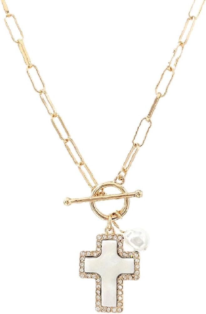 Rosemarie & Jubalee Natural Abalone Shell Cross Pendant with Crystal Edge Detail, Freshwater Pearl Charm, Gold Tone Paperclip Chain Necklace, Toggle Clasp, 18 Inch