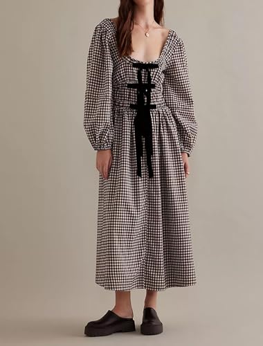 Women Plaid Long Dress Lantern Sleeve Square Neck Maxi Dress with Bow Tie Cottagecore Flowy Fall Dresses4