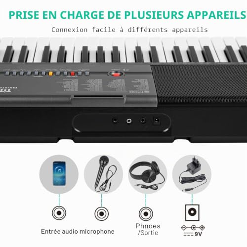 MUSTAR Piano à clavier lumineux 61 touches, clavier numérique pour débutants, piano électrique avec enseignement intelligent, support, tabouret, casque (Noir & Argent) – vue 5
