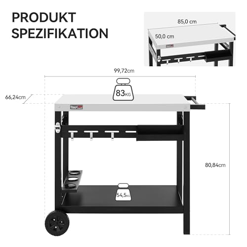 Royal Gourmet Grillwagen Rollwagen mit Edelstahl-Platte für Tischgrill und Pizzaofen, Outdoor Servierwagen Grilltisch mit außergewöhnlicher Tragfähigkeit