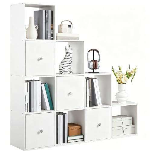 Yaheetech Bücherregal mit 10 Fächern, Stufenregal 4 Aufbewahrungskörben, Raumteil Wohnzimmer, Würfelregal für Schlafzimmer, 128 × 29 × 128 cm, Weiß