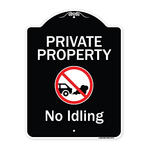SignMission Designer Series Sign - Private Property, No Idling with Graphic | Black & White 18" x 24" Heavy-Gauge Aluminum Architectural Sign | Protect Your Business & Municipality | Made in The USA