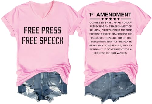 NACJOM Free Press Free Speech Shirt Women, 1st Amendment T-Shirt V-Neck Pink