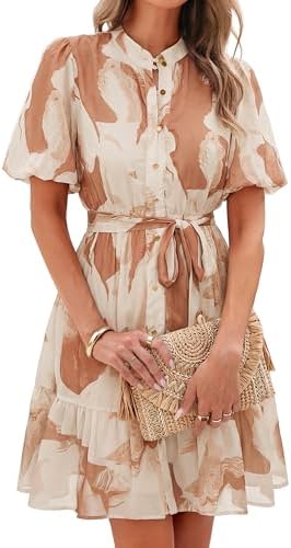 Simplee Womens Floral Short Summer Dresses Casual V Neck Button Down A-Line Tiered Ruffle Boho Mini Dress Trendy Clothes, Brown Blend, M