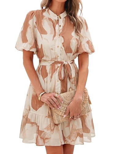 Simplee Womens Boho Summer Mini Dresses Short Puff Sleeve V Neck Button Down Floral Graduation Dresses Trendy Fashion Brown M