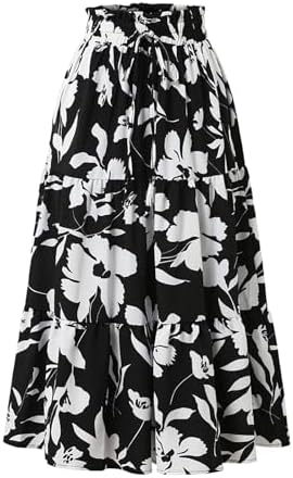 Floral Maxi Skirt for Women Summer Comfy Tiered Elastic High Waisted Skirts Vacation A-Line Flowy Swing Long Skirts
